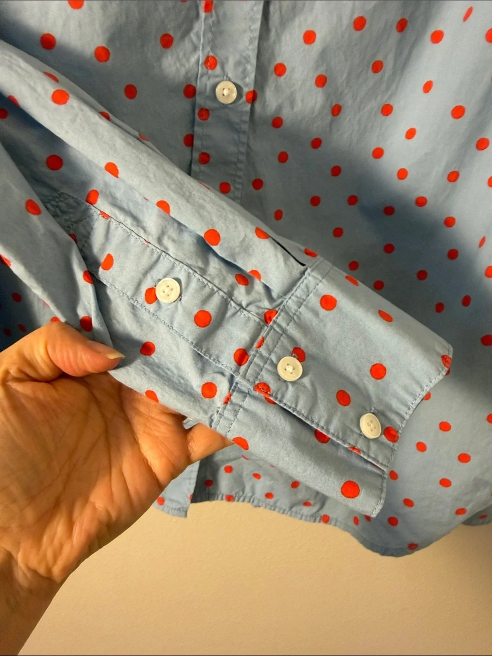 Boden Sienna Polka Dot Button Down Collared Top Shirt Light Blue Red Size 10R - Picture 8 of 12